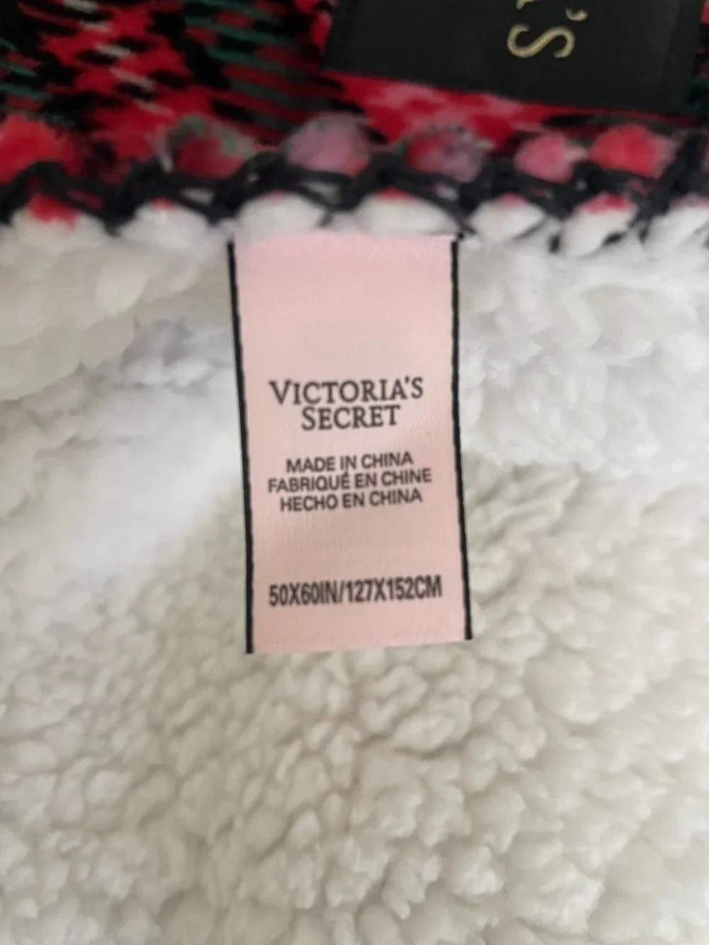 Victoria Secret Holiday plaid red/black sherpa lined fleece blanket new